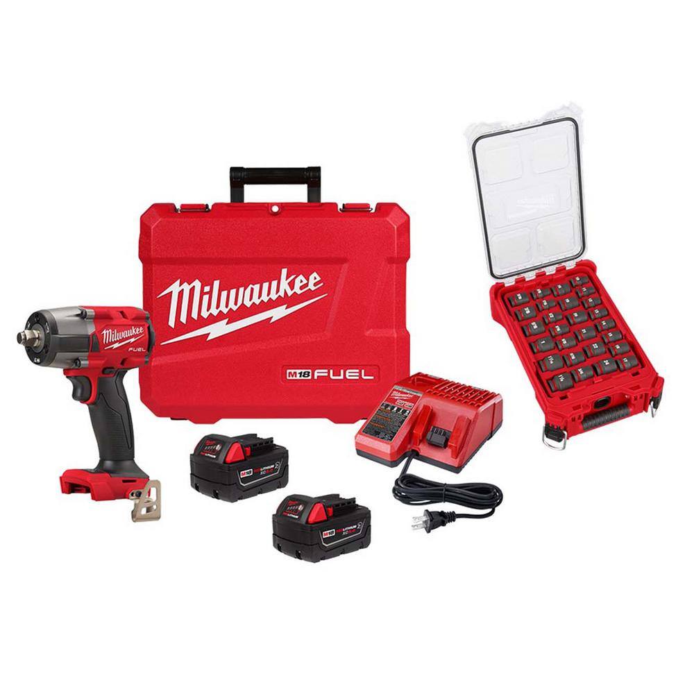 Milwaukee M18 FUEL 18V Lithium-Ion Brushless Cordless 1/2 in. Mid-Torque Impact Wrench with Friction Ring Kit & Impact Socket Set 2962-22R-49-66-6804