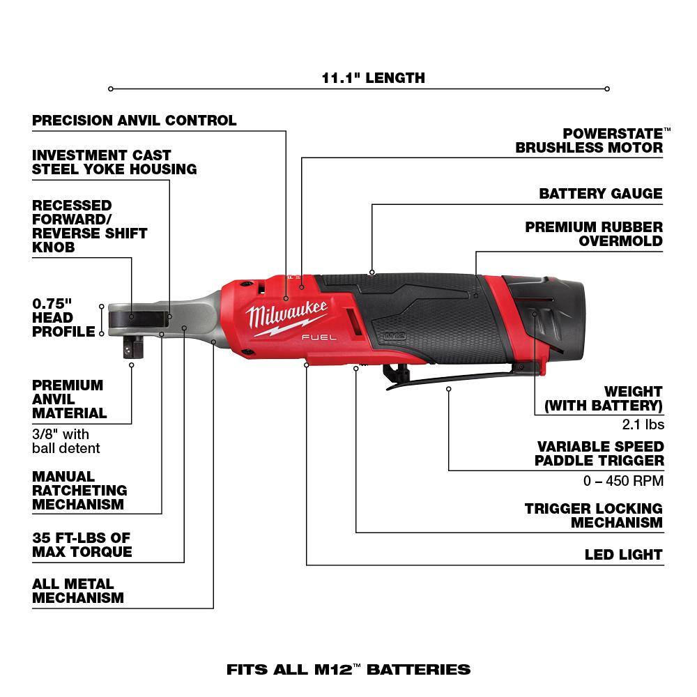 Milwaukee M12 FUEL 12V Cordless High Speed 3/8 in. Ratchet Kit with 3/8 in. Drive SAE and Metric Impact Socket Set (43-Piece) 2567-22-49-66-7009