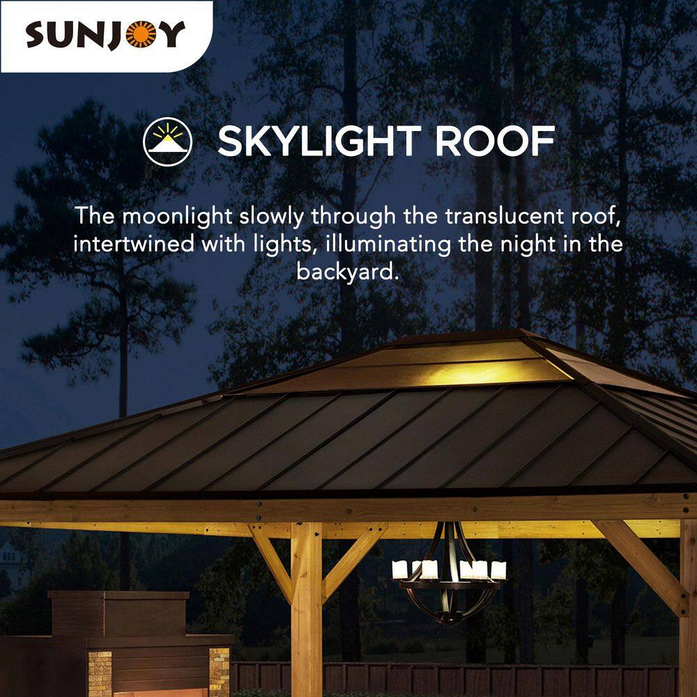 Sunjoy Macie Outdoor Patio 13 ft. x 15 ft. Brown Wooden Frame Backyard Hardtop Gazebo with Ceiling Hook A102007602