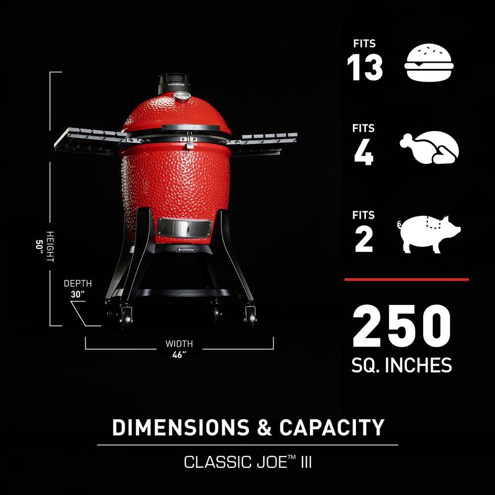 Kamado Joe Classic Joe III 18 in. Charcoal Grill in Red with Cart, Side Shelves, Grate Gripper, and Ash Tool KJ15040921