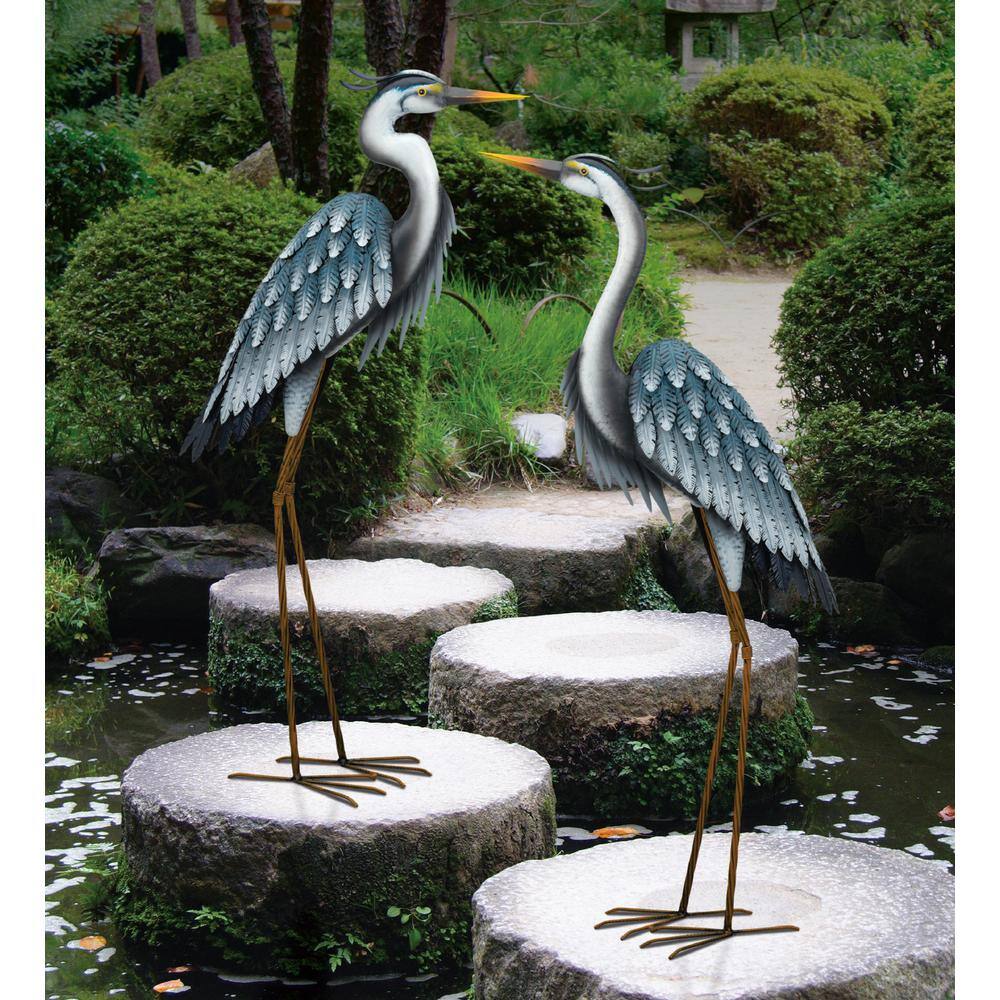 Regal Large Blue Heron Metal Garden Statuary - Looking Down 11781