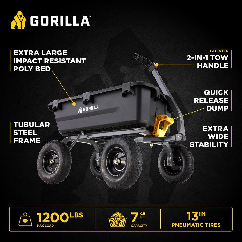 GORILLA CARTS 7 cu. ft. (40 in. x 27 in. x 11 in.), Patented Poly Bed Dumping Garden Cart, 1200 lbs. Capacity, Pull/Tow Handle Design GCG-7