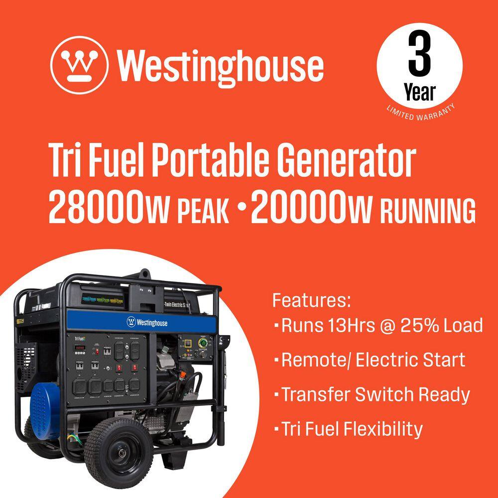 Westinghouse 28,000/20,000-Watt Tri-Fuel Gas, Propane, Natural Gas Powered Portable Generator with Remote Electric Start WGen20000TFc