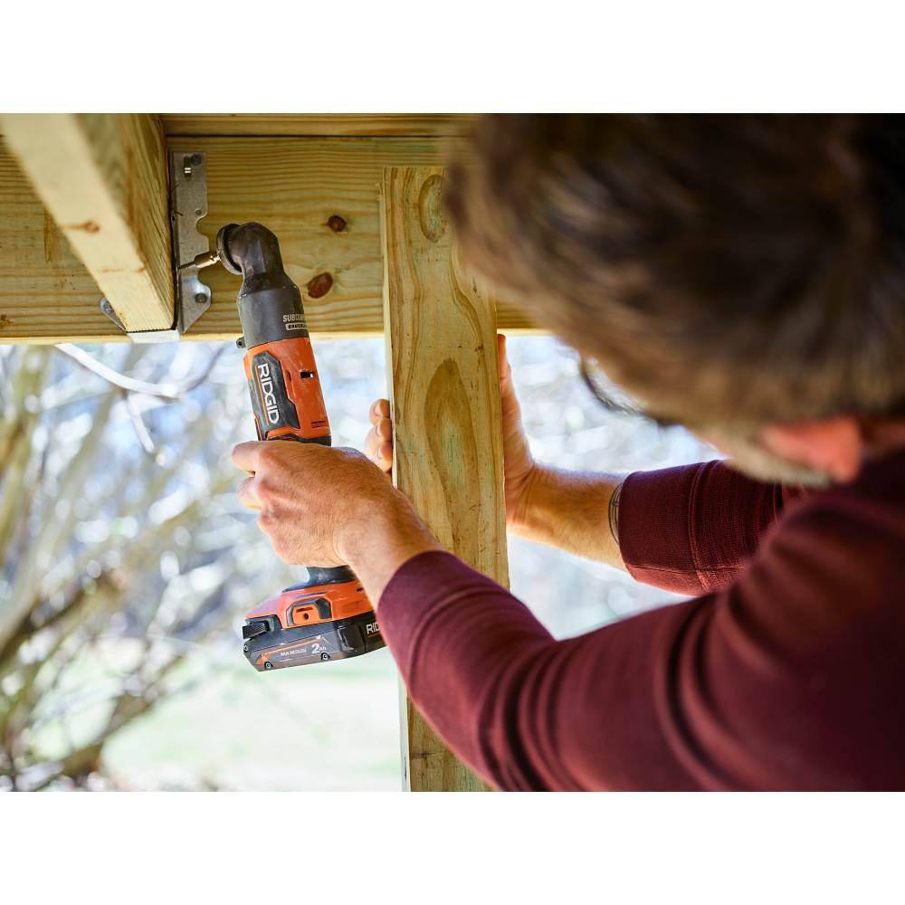 RIDGID 18V (2) 4.0 Ah Batteries and Charger Kit with 18V Subcompact Brushless Cordless Right Angle Impact Driver AC93044SBN-R87730B