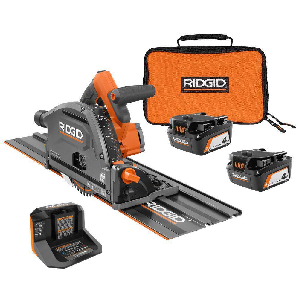 RIDGID 18V (2) 4.0 Ah Batteries and Charger Kit with 18V Brushless Cordless 6-1/2 in. Track Saw AC93044SBN-R48630B