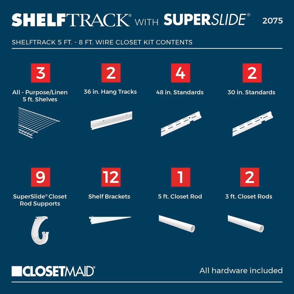ClosetMaid ShelfTrack 49 - 96 in. W White Reach-In Wall Mount 3-Shelf Wire Closet System Organizer Kit 2075