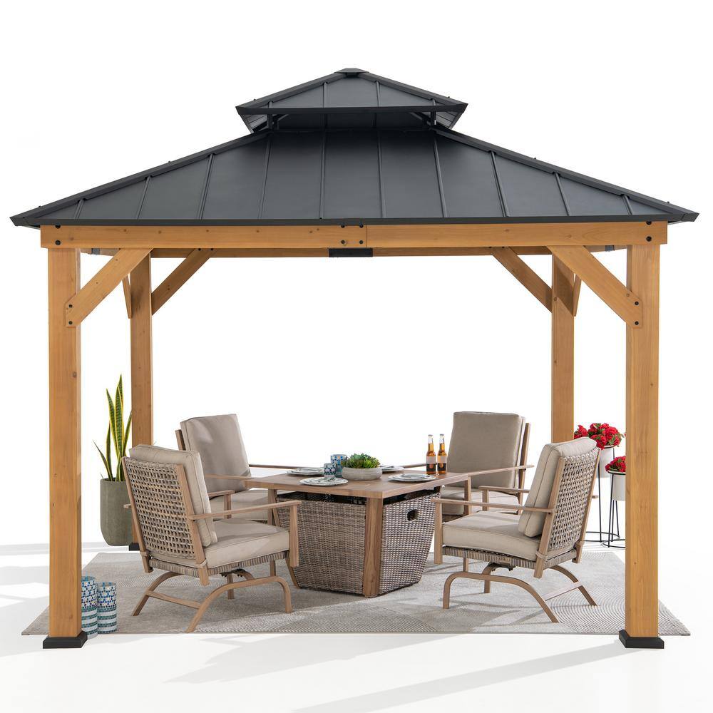Sunjoy 11 ft. x 11 ft. Black 2-Tier Wooden Frame Hardtop Gazebo for Garden, Backyard Shade with Ceiling Hook A102007390