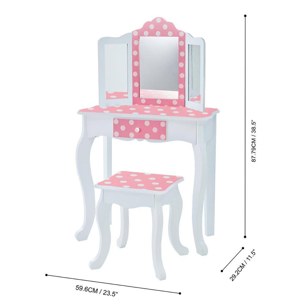 Teamson Kids Fantasy Fields Fashion Polka Dot Prints Gisele Play Vanity Set in Pink/White TD-11670F