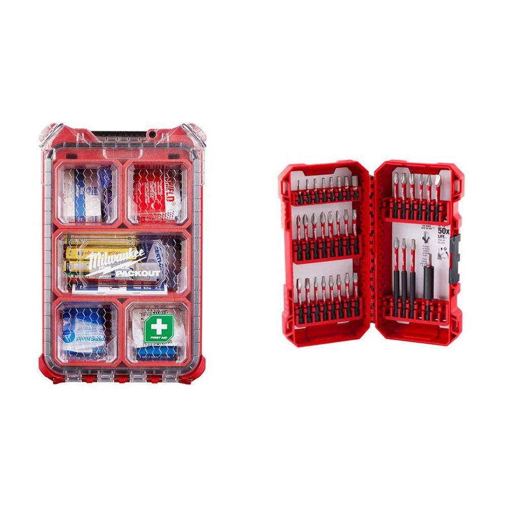 Milwaukee Class A Type 3 Compact Packout First Aid Kit (79-Piece) with SHOCKWAVE Alloy Steel Screw Driver Bit Set (35-Piece) 48-73-8435C-48-32-4032