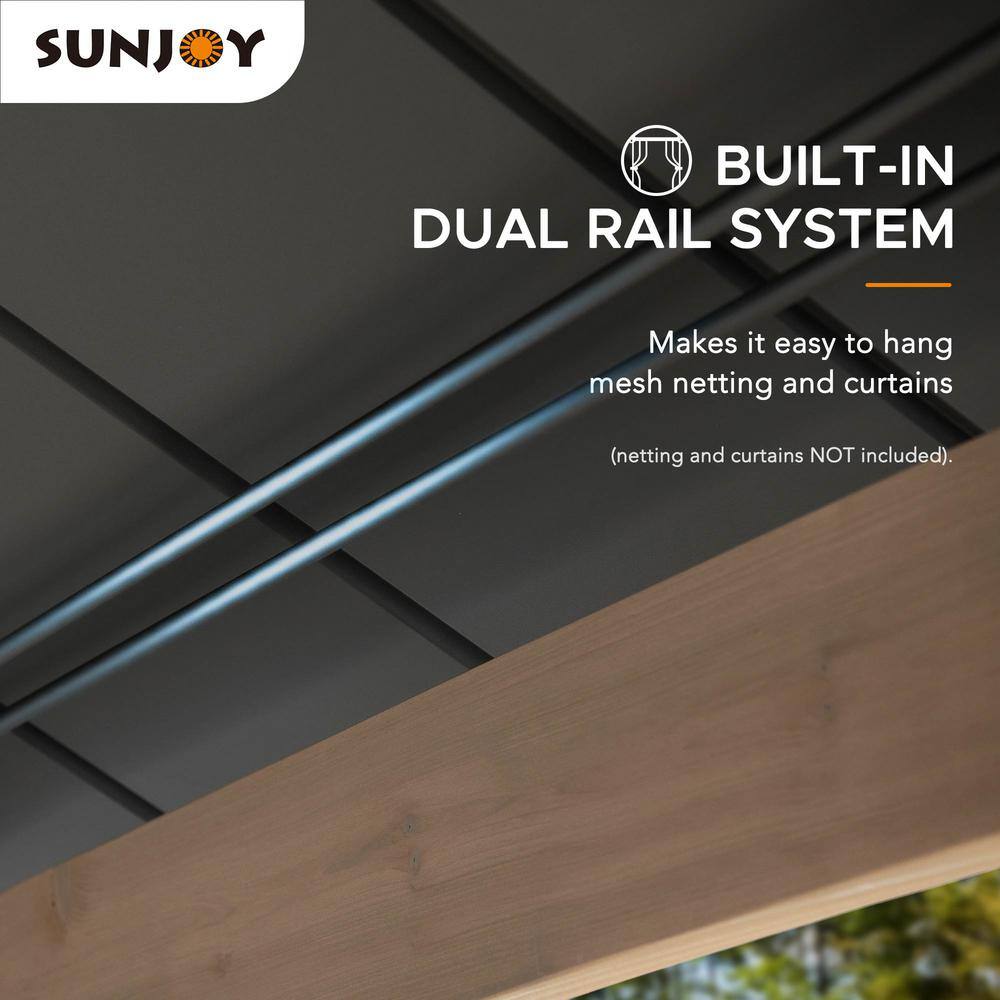 Sunjoy 13 ft. x 15 ft. Outdoor Patio Cedar Framed Wood Gazebo with Dark Brown Steel and Polycarbonate Hip Roof and Ceiling Hook A102007650