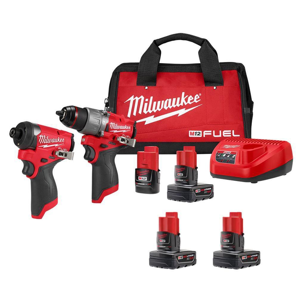 Milwaukee M12 FUEL 12-Volt Lithium-Ion Brushless Cordless Hammer Drill and Impact Driver Combo Kit w/4 Batteries and Bag (2-Tool) 3497-22-48-11-2412