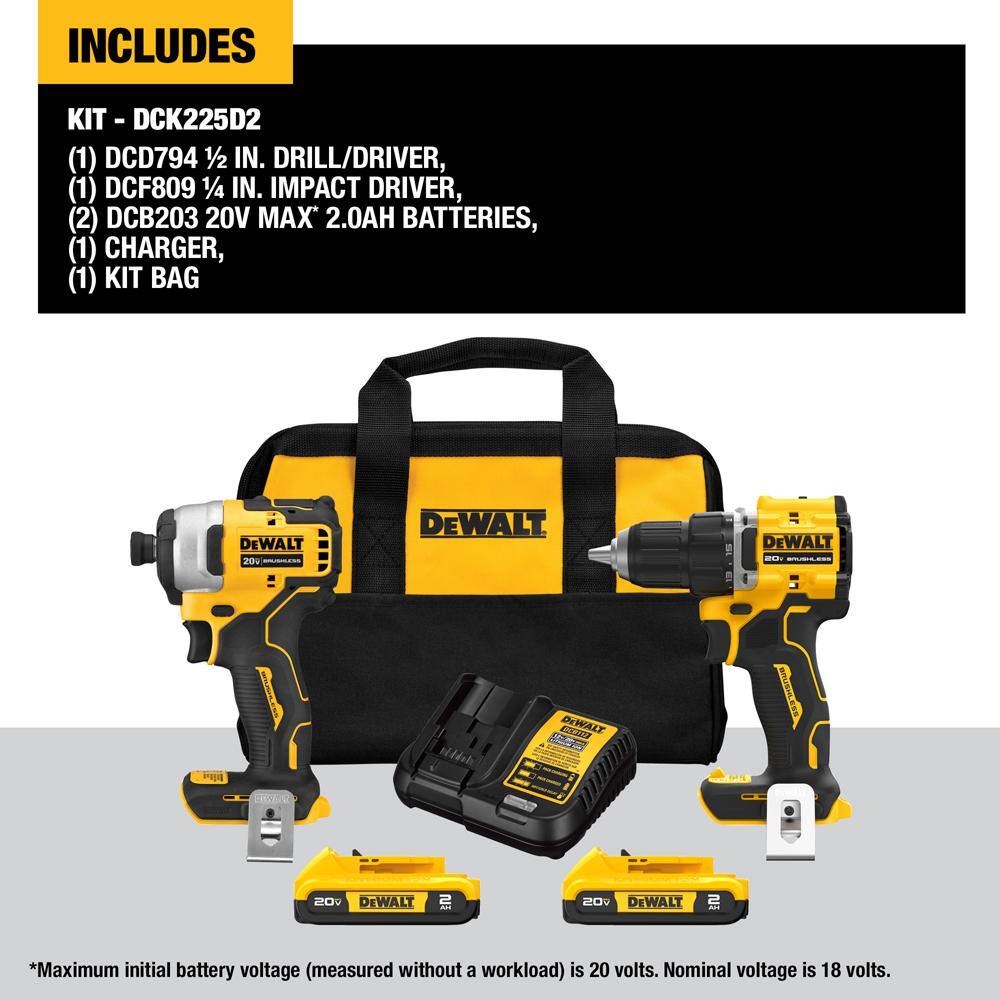 DEWALT ATOMIC 20V MAX Lithium-Ion Cordless Combo Kit 2-Tool and Mechanics Tool Set 142-Pc w/ (2) 2Ah Batteries, Charger and Bag DCK225D2WT73802