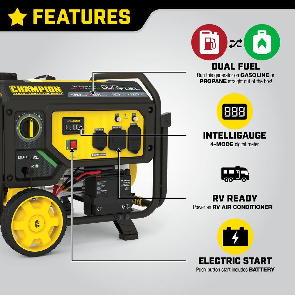 Champion Power Equipment 4550/3650-Watt Electric Start Gas and Propane Dual Fuel Powered RV Ready Portable Generator 200973