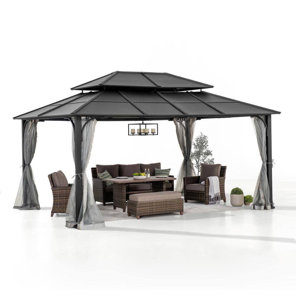 Sunjoy 12 ft. x 16 ft. Black Steel Gazebo with 2-tier Hip Roof Hardtop and Ceiling Hook and Removable Netting Sidewalls A102009141