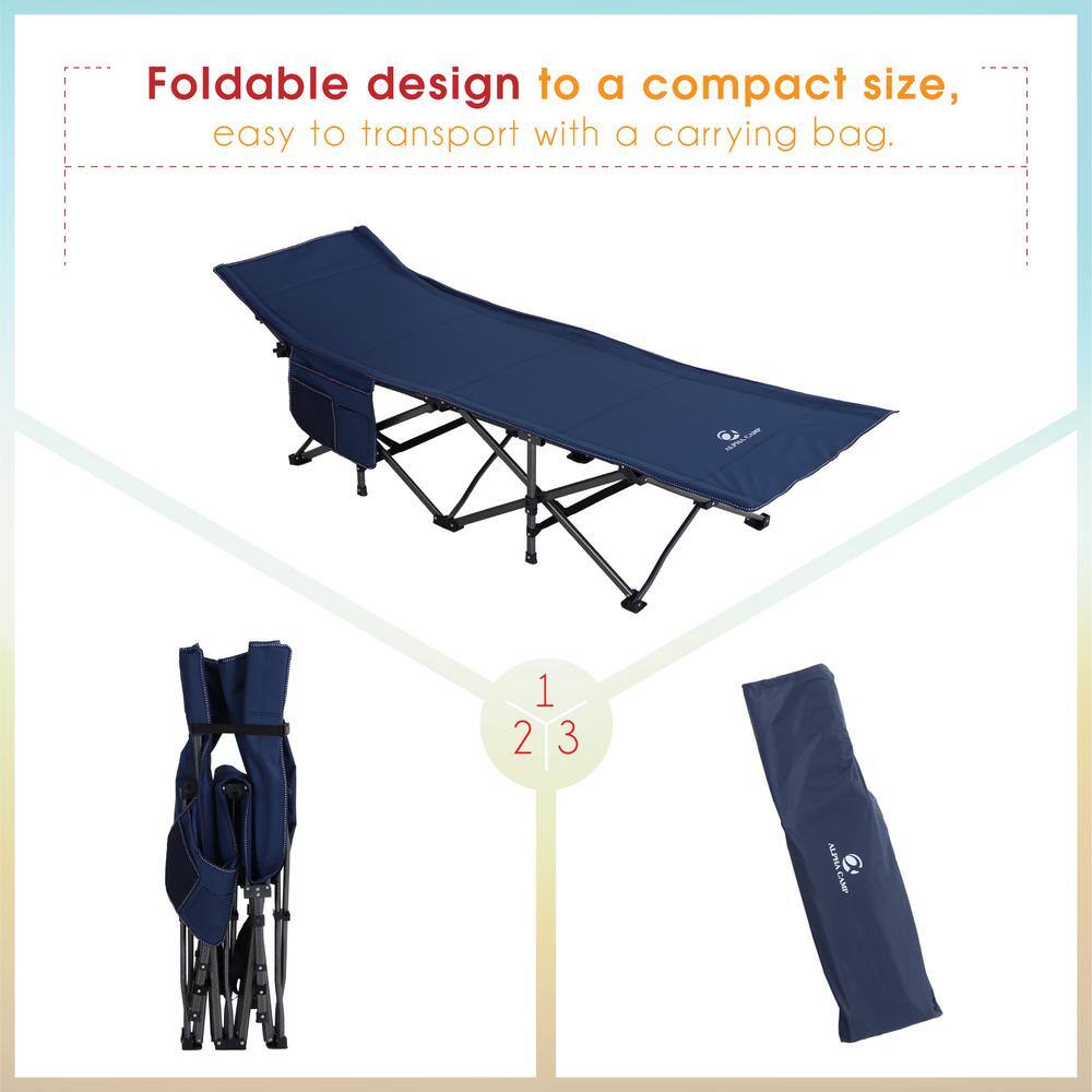 PHI VILLA Extra Large Camping Cot With Carrying Bag Steel Frame Folding Navy Blue Cot THD-E01CC120101102