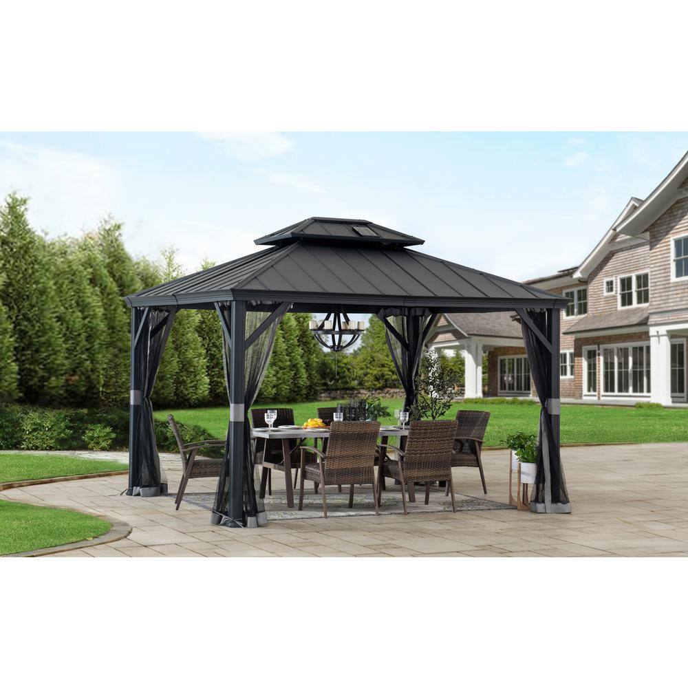Sunjoy 10 ft. x 12 ft. 2-Tier Black Power-Coated Steel Hardtop Gazebo Patio Aluminum Frame Gazebo with Solar Panel and Netting A1020121C0