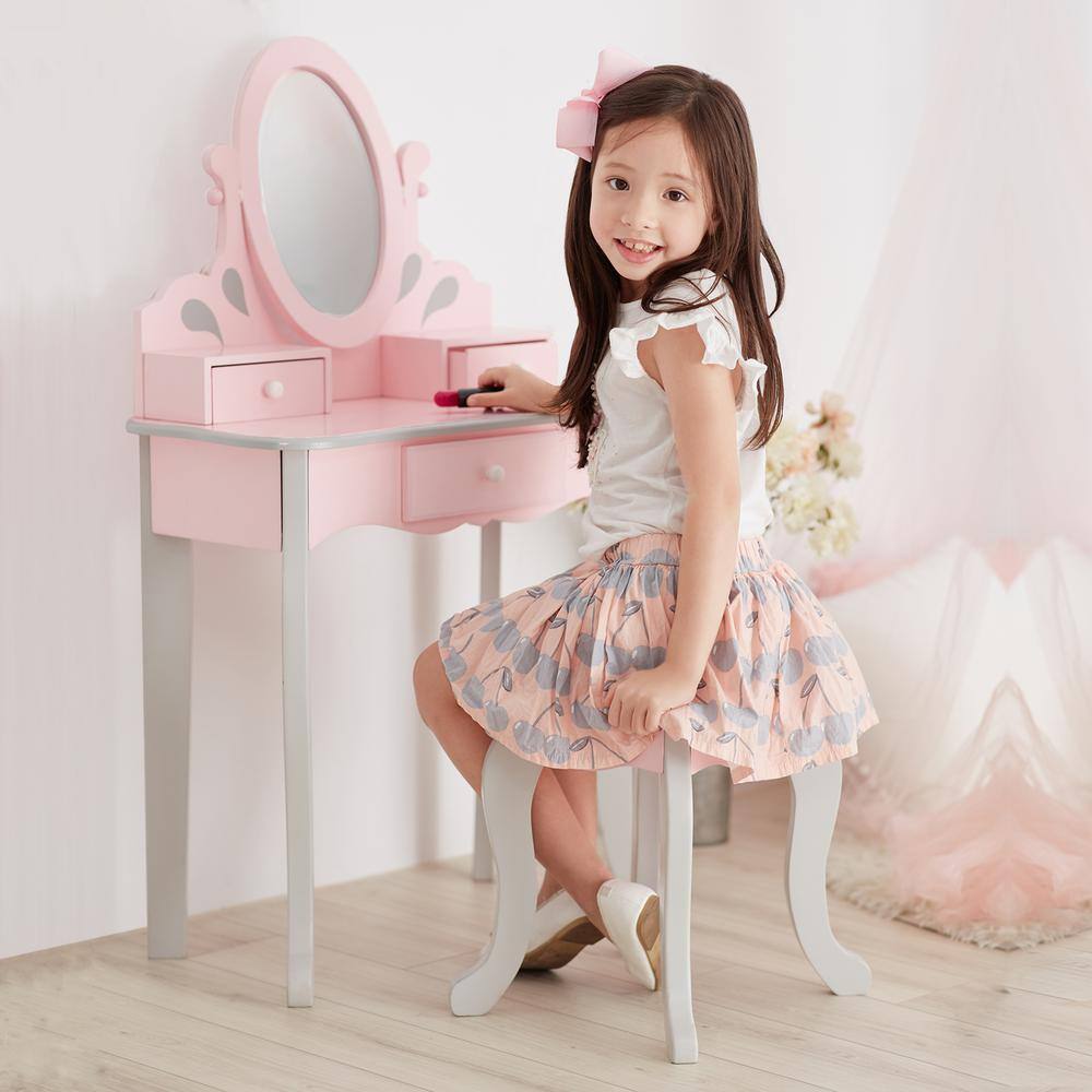 Teamson Kids Fantasy Fields Little Princess Rapunzel Play Vanity Set in Pink/Grey TD-12851A