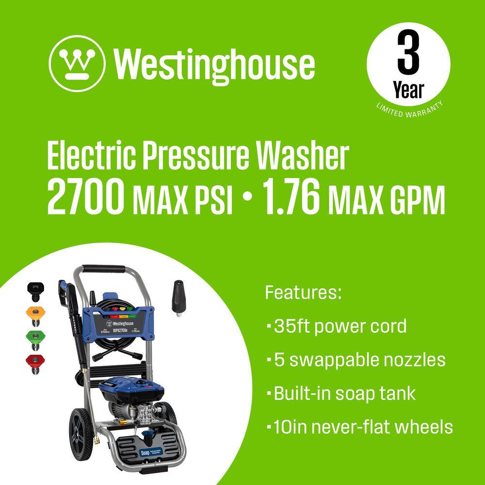 Westinghouse 2700 PSI 1.76 GPM 13 Amp Cold Water Electric Powered Pressure Washer with Turbo Nozzle and 5 Quick Connect Tips WPX2700e