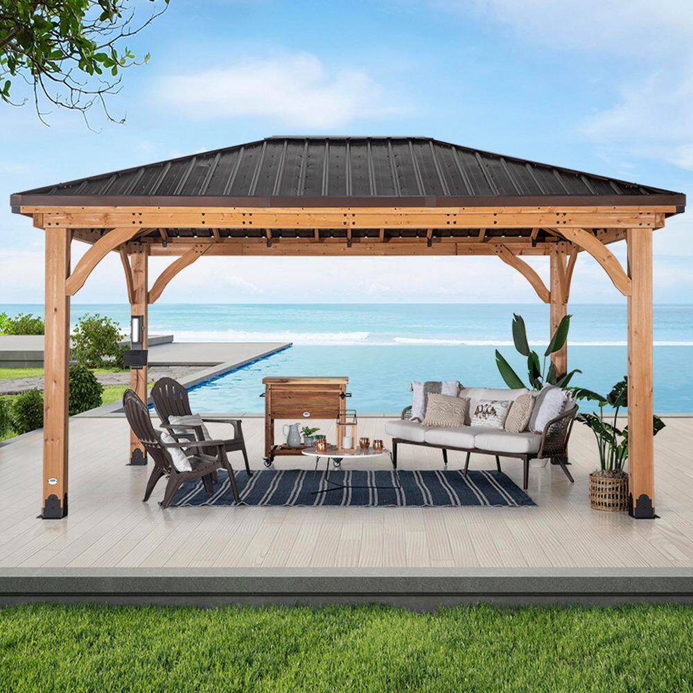 Backyard Discovery Barrington 16 ft. x 12 ft. All Cedar Wood Outdoor Gazebo Structure w/Hard Top Steel Metal Hip Roof and Electric, Brown 2206052COM