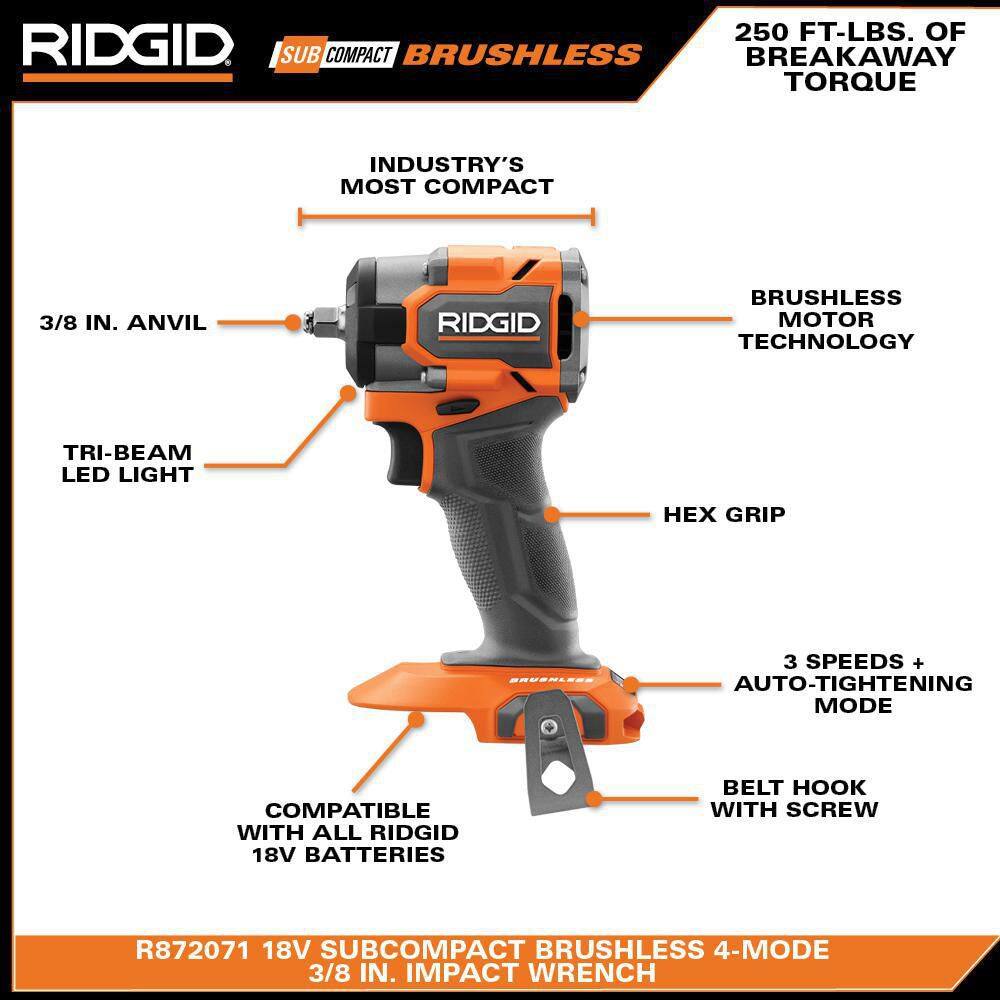 RIDGID 18V (2) 4.0 Ah Batteries and Charger Kit with 18V Brushless SubCompact 3/8 in. Impact Wrench AC93044SBN-R872071B