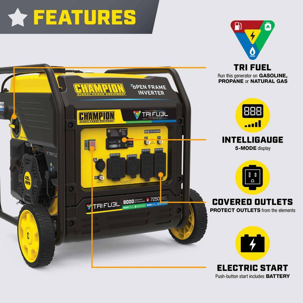 Champion Power Equipment 9000-Watt Electric Start Gasoline Propane and Natural Gas Tri Fuel Open Frame Inverter Generator, CO Shield, NG/LPG Hose 201176