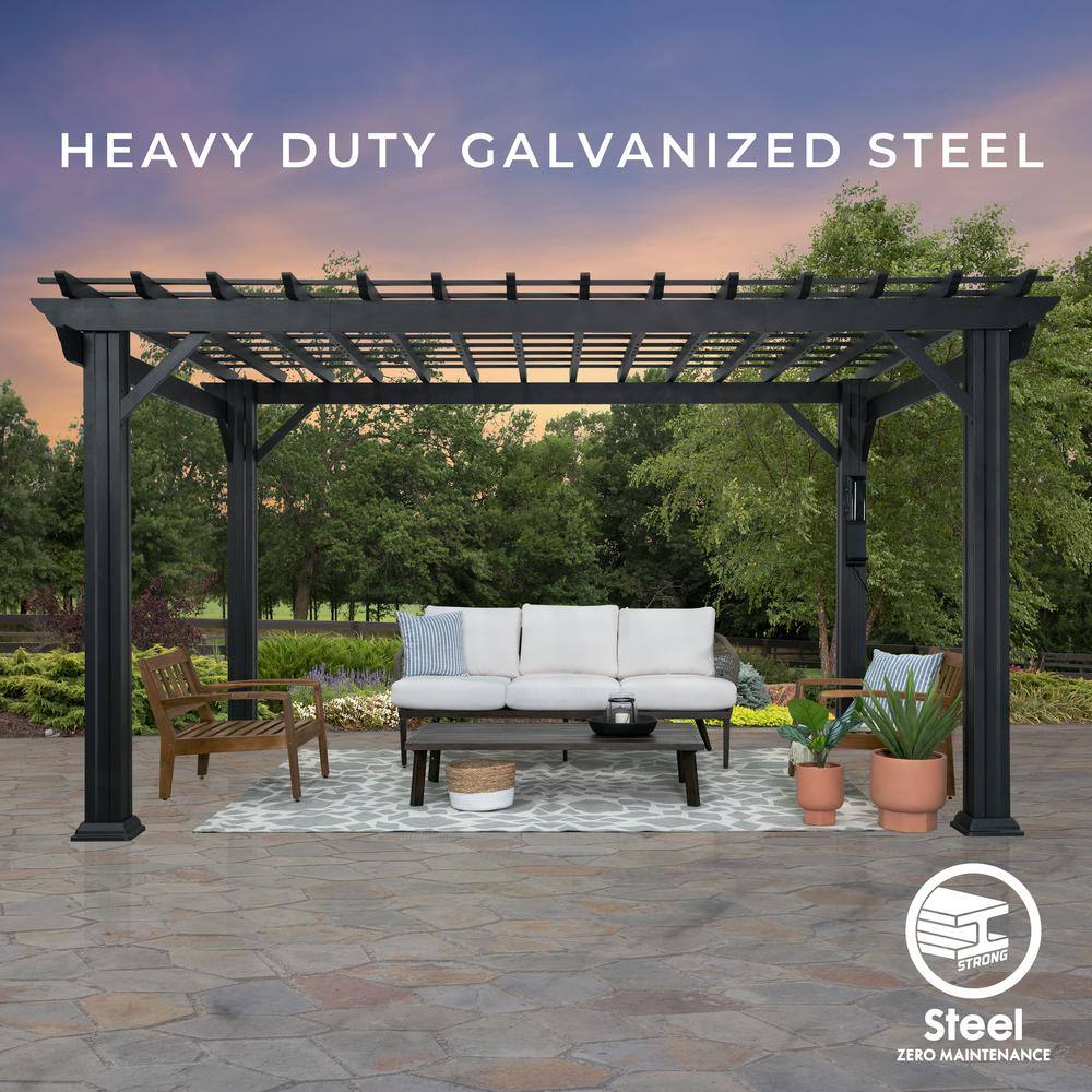 Backyard Discovery Stratford 14 ft. x 10 ft. Black Steel Traditional Pergola with Sail Shade Soft Canopy 2105058COM