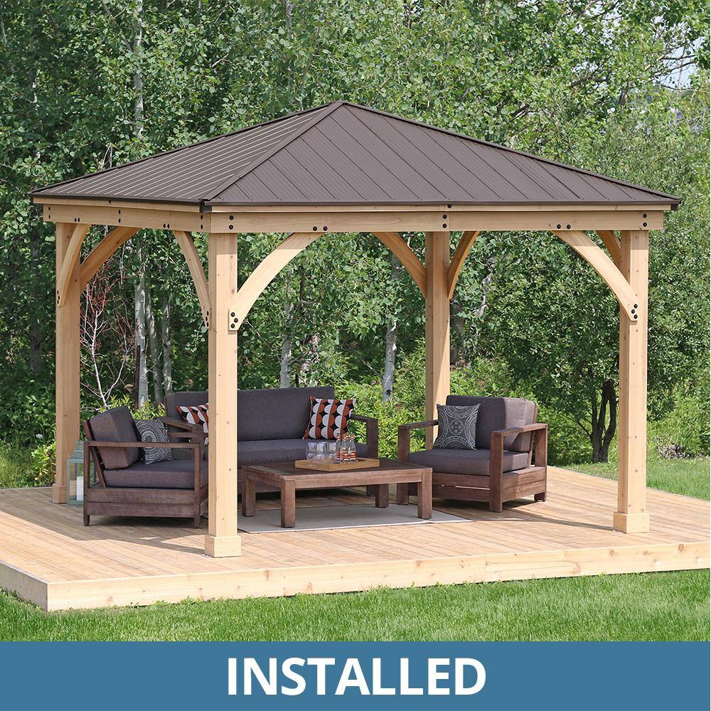Yardistry Professionally Assembled Meridian 12 ft. x 12 ft. Premium Cedar Outdoor Patio Shade Gazebo with Brown Aluminum Roof 64003-2