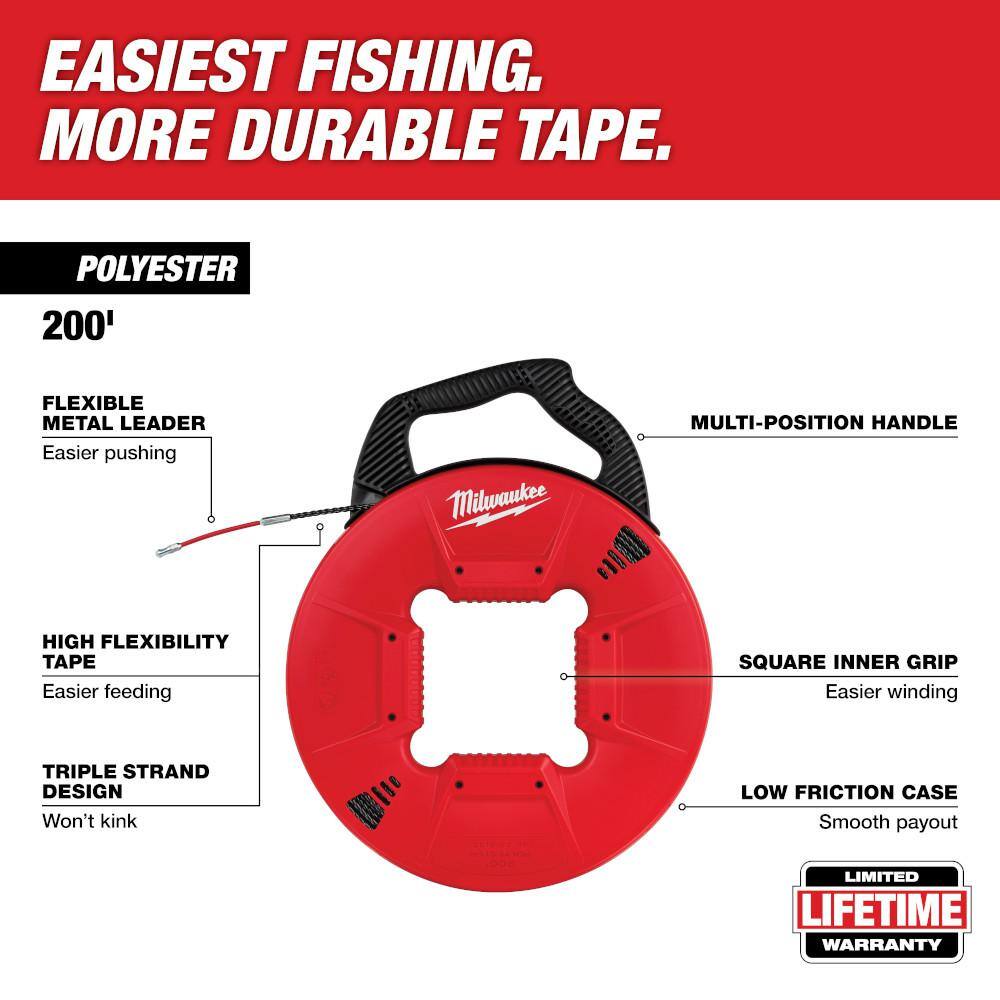Milwaukee 200 ft. Polyester Fish Tape with Flexible Metal Leader with 7-in-1 Combination Wire Strippers Pliers 48-22-4197-48-22-3078