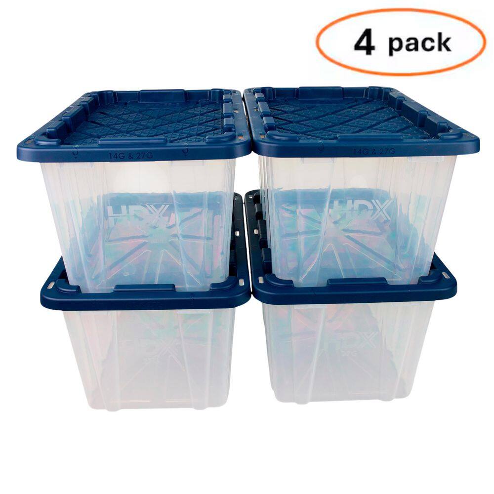 HDX 27 Gal. Tough Storage Tote in Clear with Moonlit Ocean Lid (4-Pack) 999-HDX-274122C