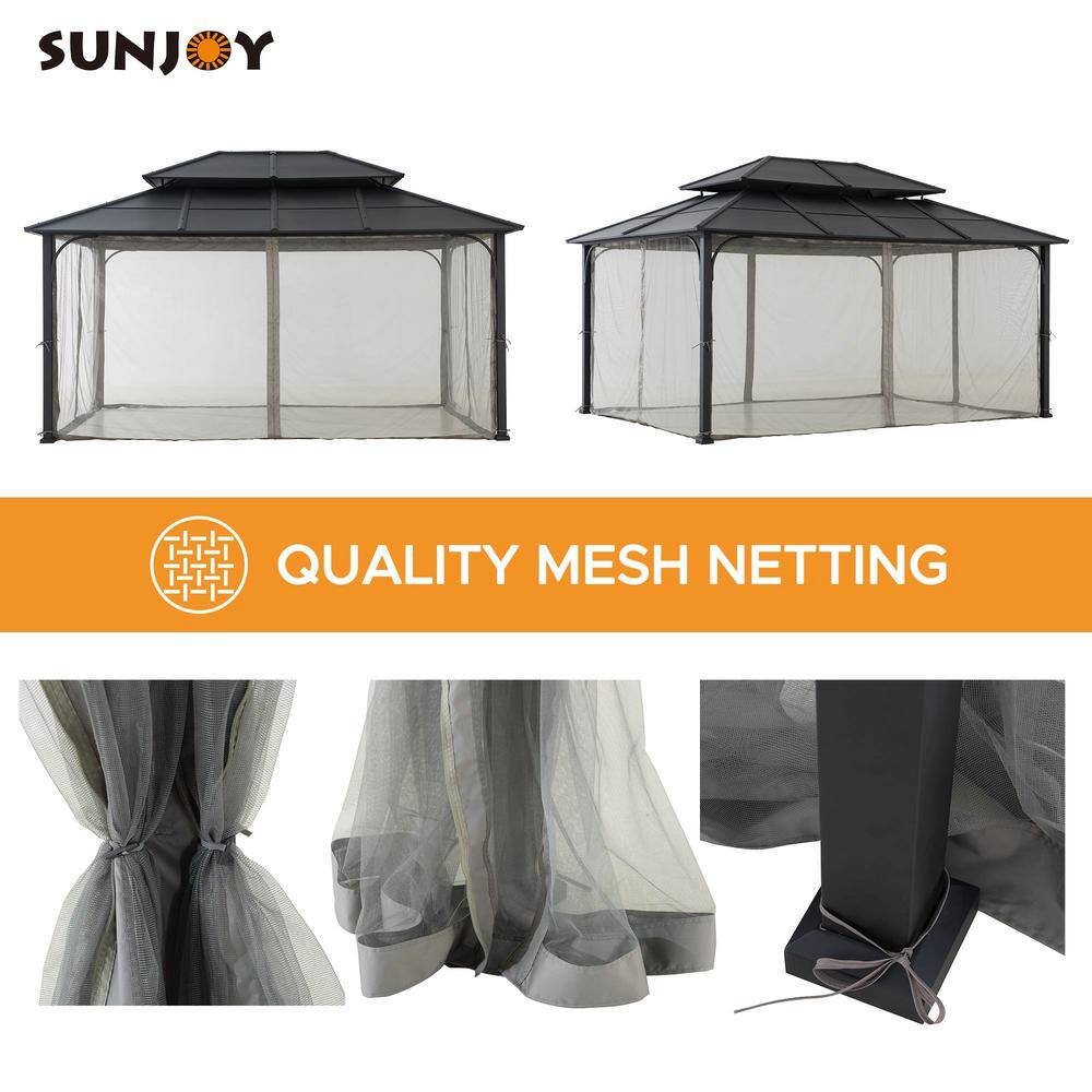 Sunjoy 12 ft. x 16 ft. Black Steel Gazebo with 2-tier Hip Roof Hardtop and Ceiling Hook and Removable Netting Sidewalls A102009141