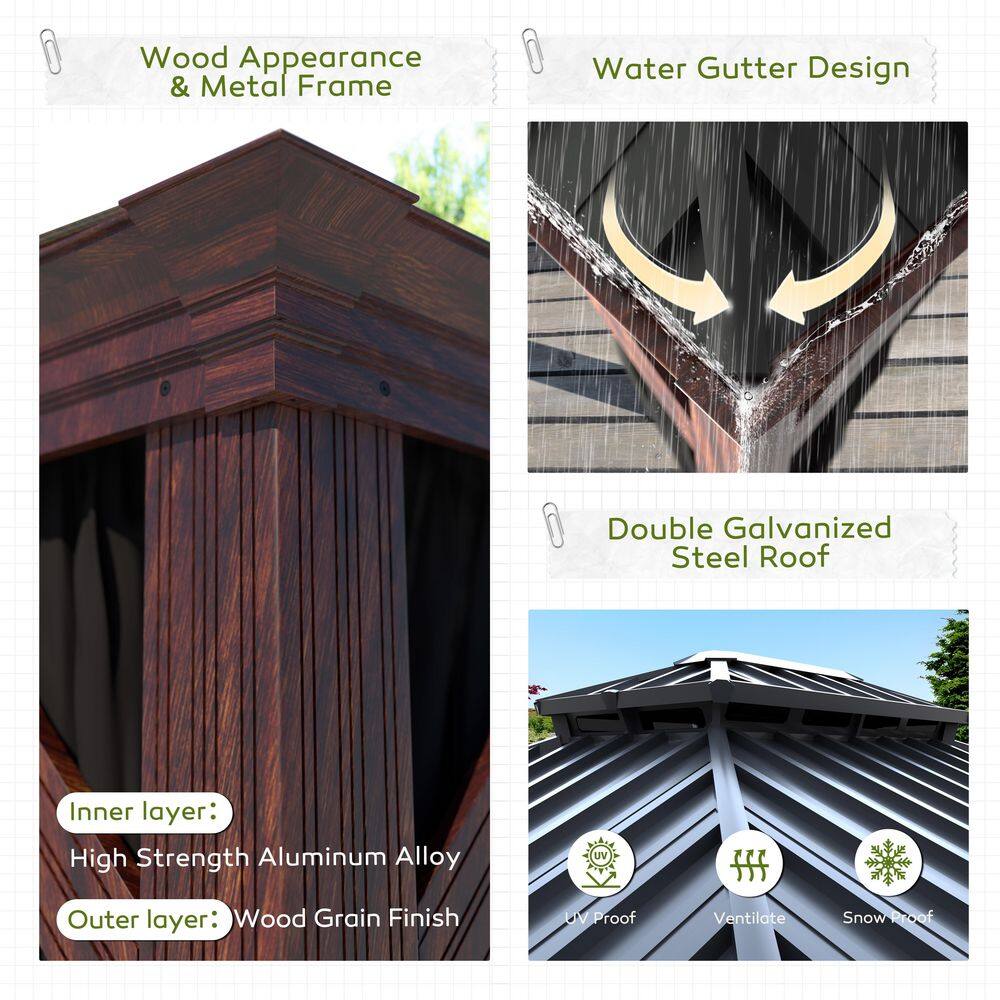 VEIKOUS 24 ft. x 14 ft. Wood Grain Aluminum Hardtop Gazebo Double Roof with Netting PG0201-24RT-4