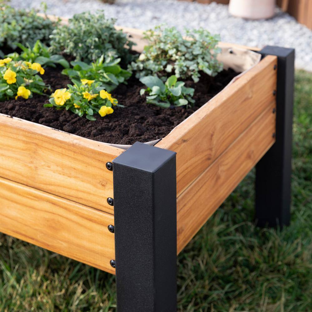 Backyard Discovery 44 in. x 25 in. Teak Wood Raised Garden Bed Planter w/Powder Coated Steel Accents and Mesh Liner for Balcony Porch Patio 2204058com