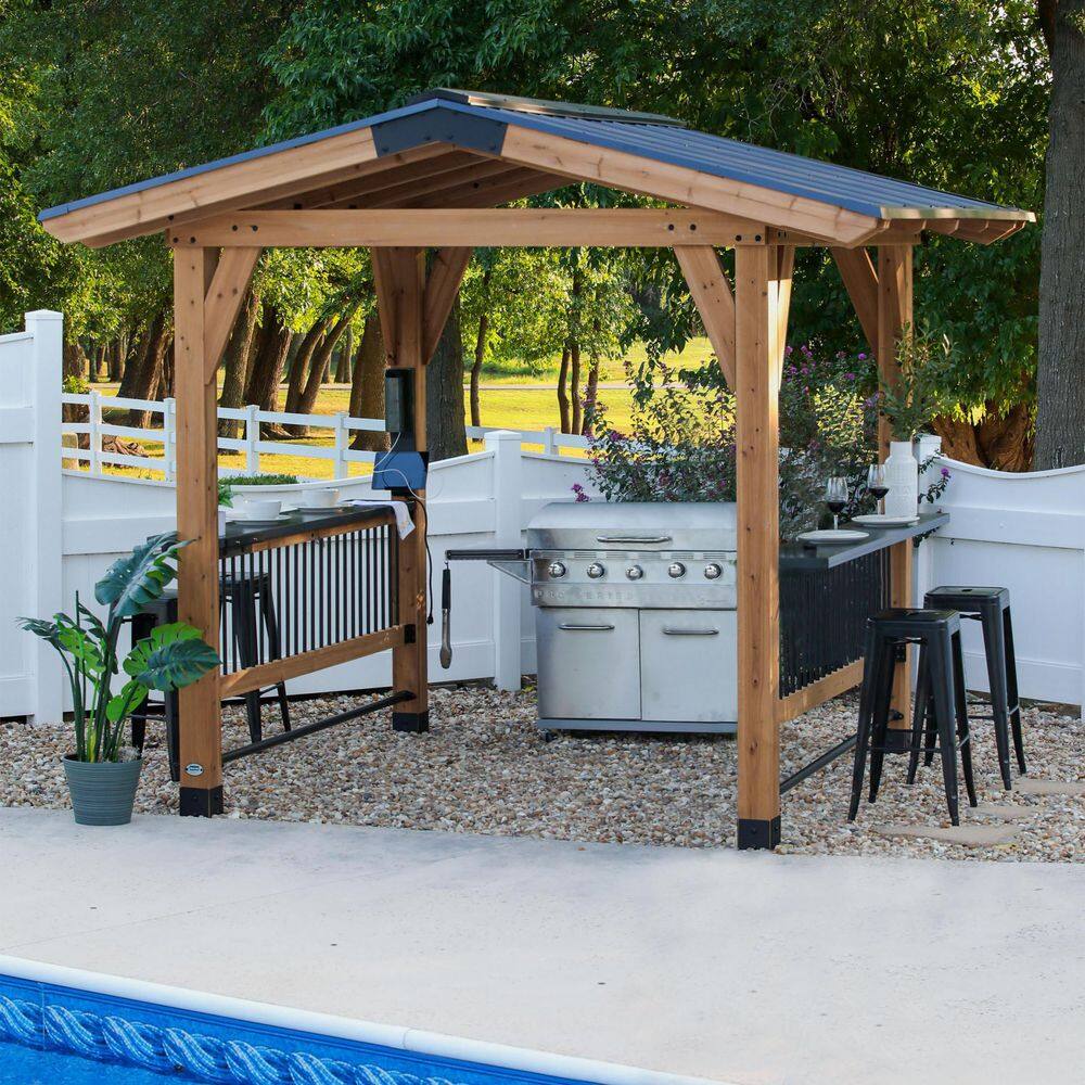 Backyard Discovery Granada 9 ft. x 10 ft. All Cedar Wood Grill Gazebo w/Outdoor Bar, Hard Top Steel Roof and Powder Coated Bar Countertops 2206090COM