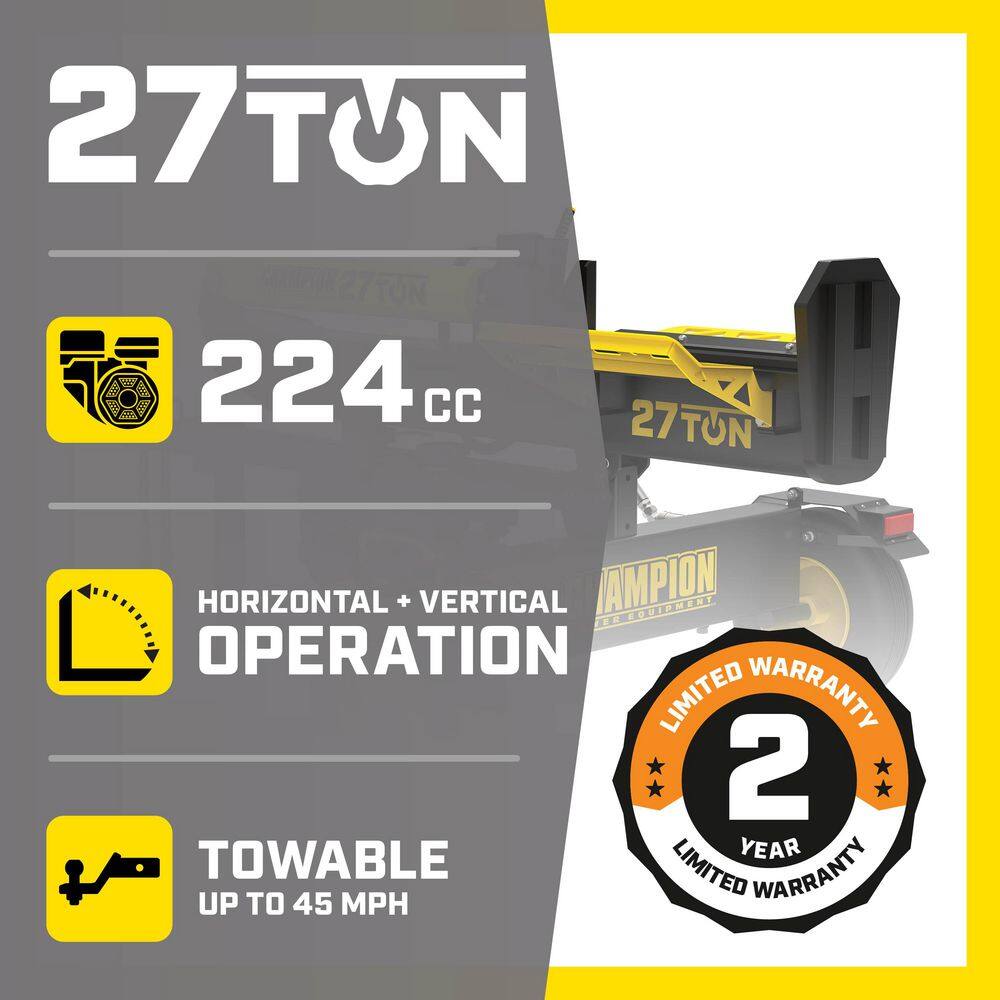 Champion Power Equipment 27 Ton 224 cc Gas Powered Hydraulic Wood Log Splitter w/Vertical/Horizontal Operation and Auto Return-with Hydraulic Oil 100424