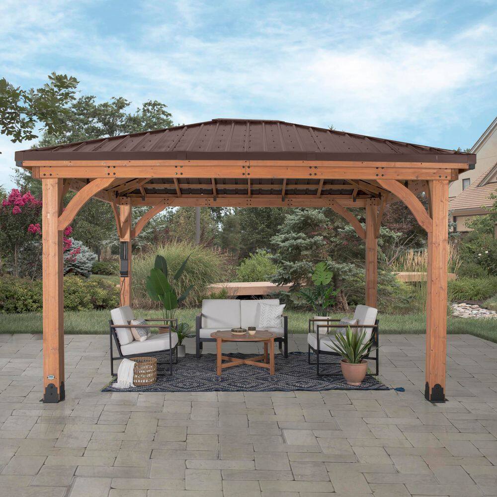 Backyard Discovery Barrington 14 ft. x 10 ft. All Cedar Wood Outdoor Gazebo Structure w/ Hard Top Steel Metal Hip Roof and Electric, Brown 2306042COM