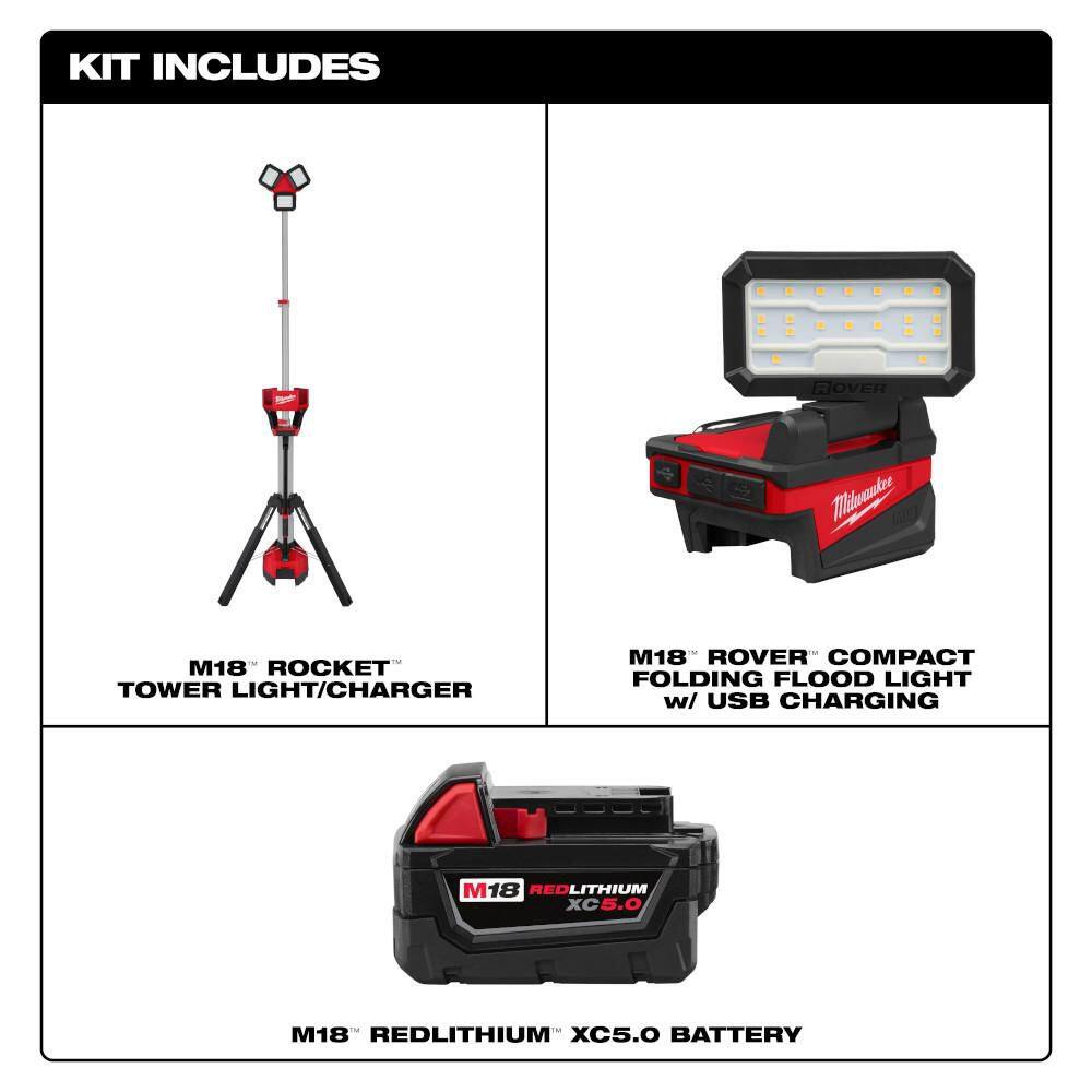Milwaukee M18 18-Volt Lithium-Ion Cordless 6,000 Lumens Rocket Dual Power Tower Light w/ Charger, Flood Light, & 5.0 Ah Battery 2136-20-2359-20-48-11-1850