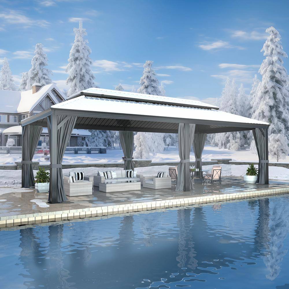 VEIKOUS 24 ft. W x 14 ft. L Aluminum Double Hardtop Gazebo with Curtains and Netting PG0201-24-4