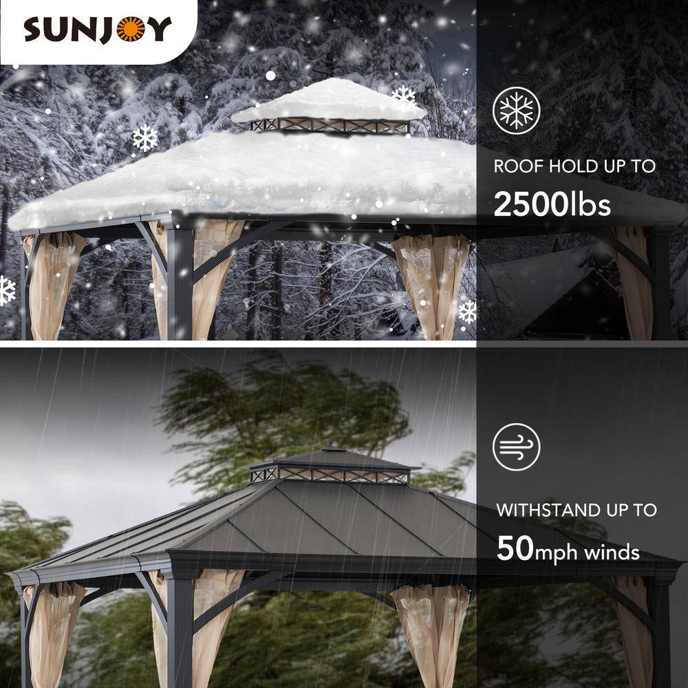 Sunjoy 11 ft. x 13 ft. Black 2-Tier Aluminum Frame and Steel Hardtop Gazebo with Metal Ceiling Hook and Netting for Backyard A102006902