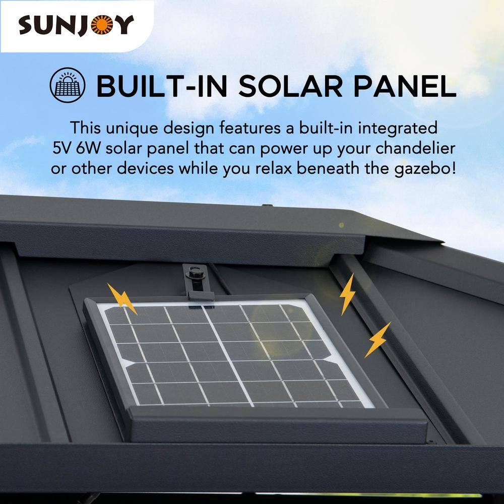 Sunjoy 10 ft. x 12 ft. 2-Tier Black Power-Coated Steel Hardtop Gazebo Patio Aluminum Frame Gazebo with Solar Panel and Netting A1020121C0