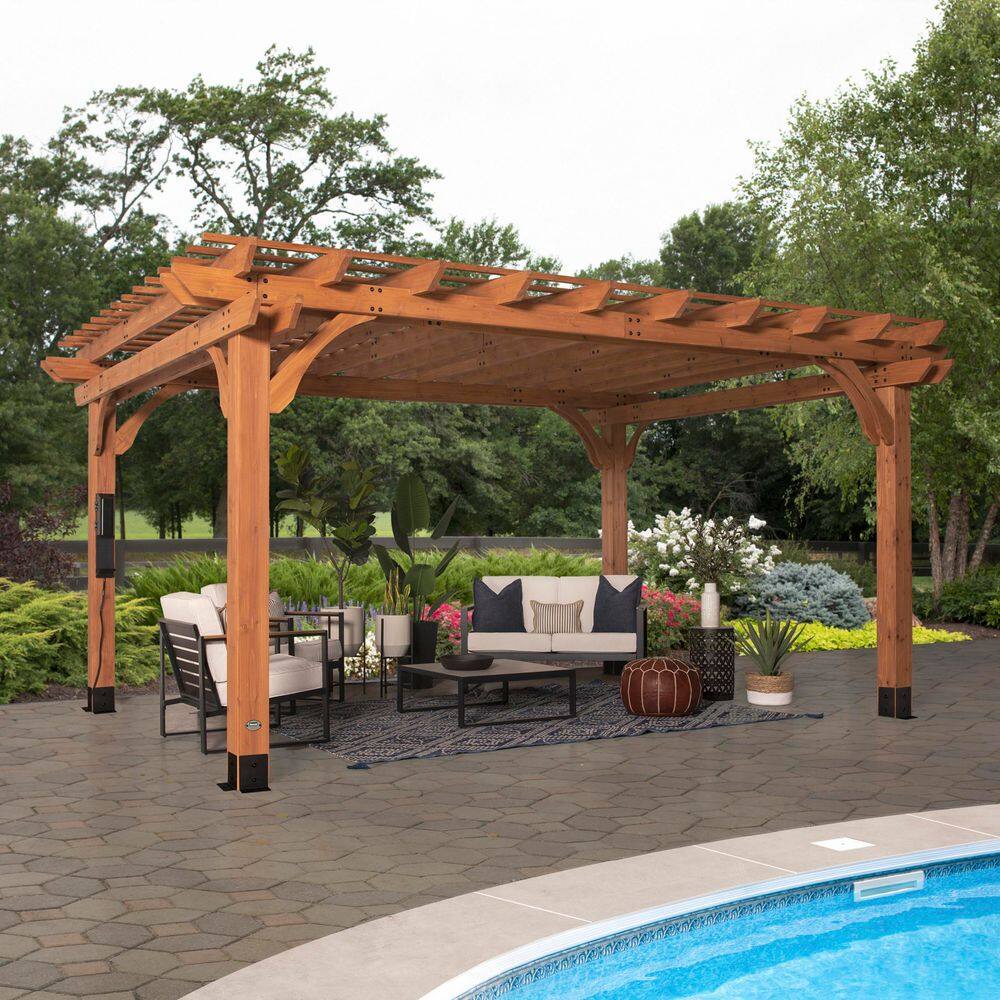 Backyard Discovery Beaumont 16 ft. x 12 ft. Light Brown Traditional Outdoor All Cedar Wood Patio Pergola Shade Structure with Electric 2101562COM