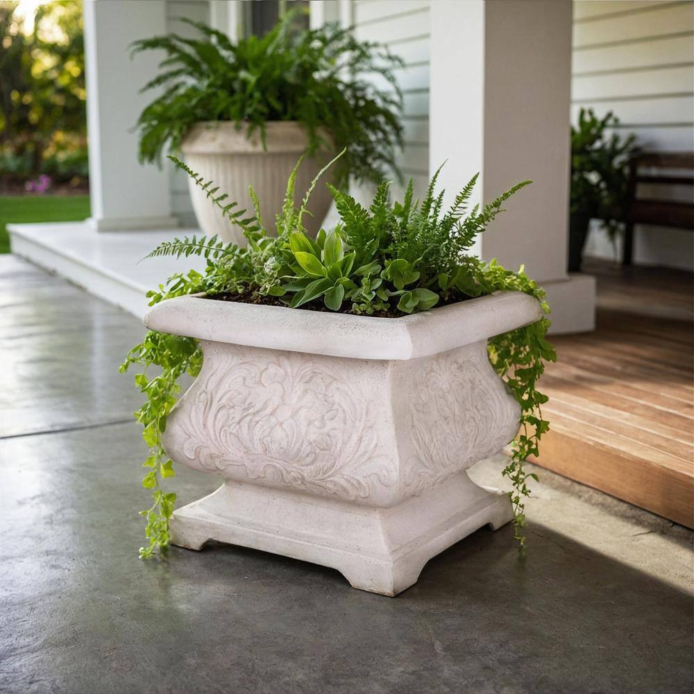 MPG 18 in. sq. Light Aged White Cast Stone Fiberglass Bombe Planter PF5795LAW