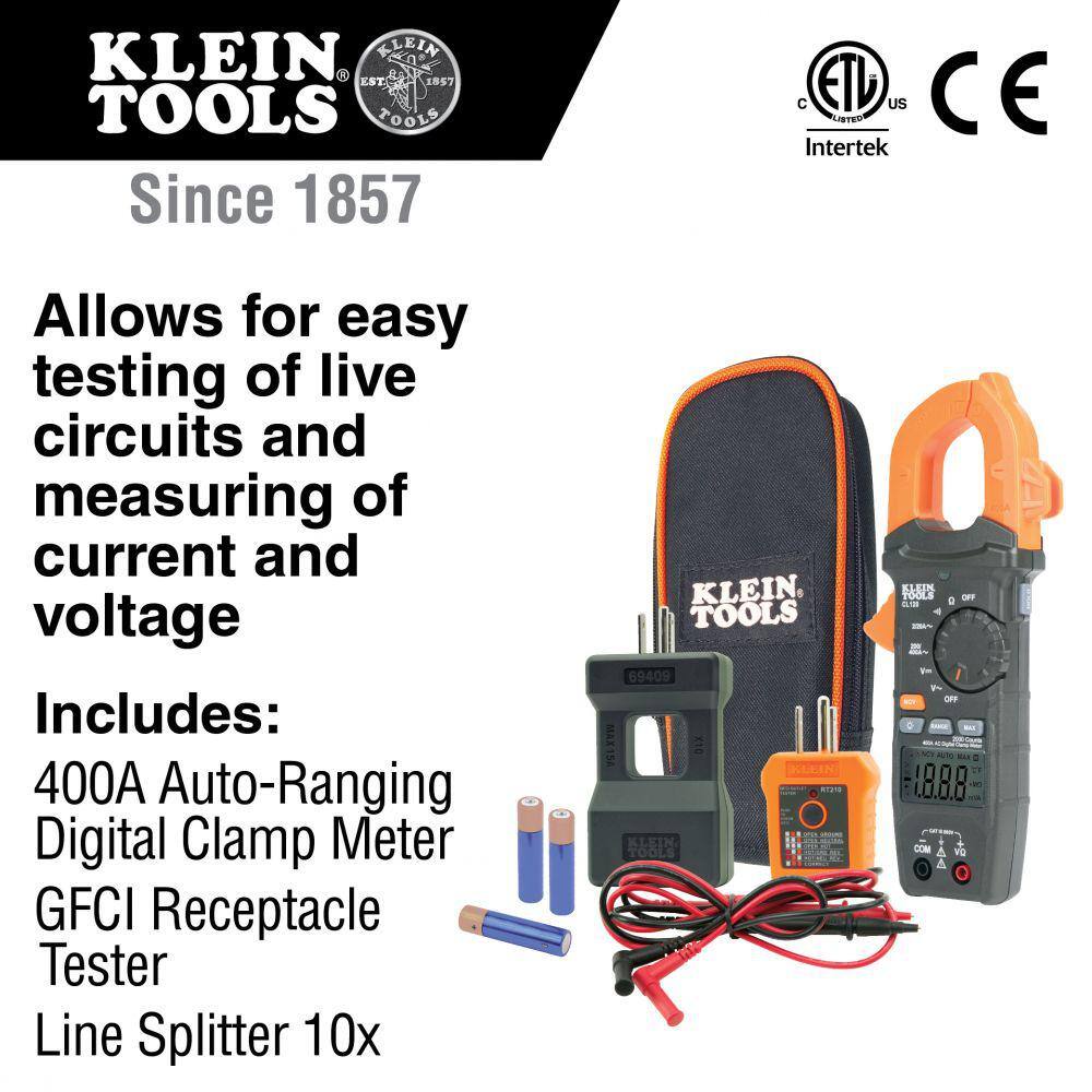 Klein Tools Digital Clamp Meter Electrical Maintenance and GFCI Tester Set CL120KIT