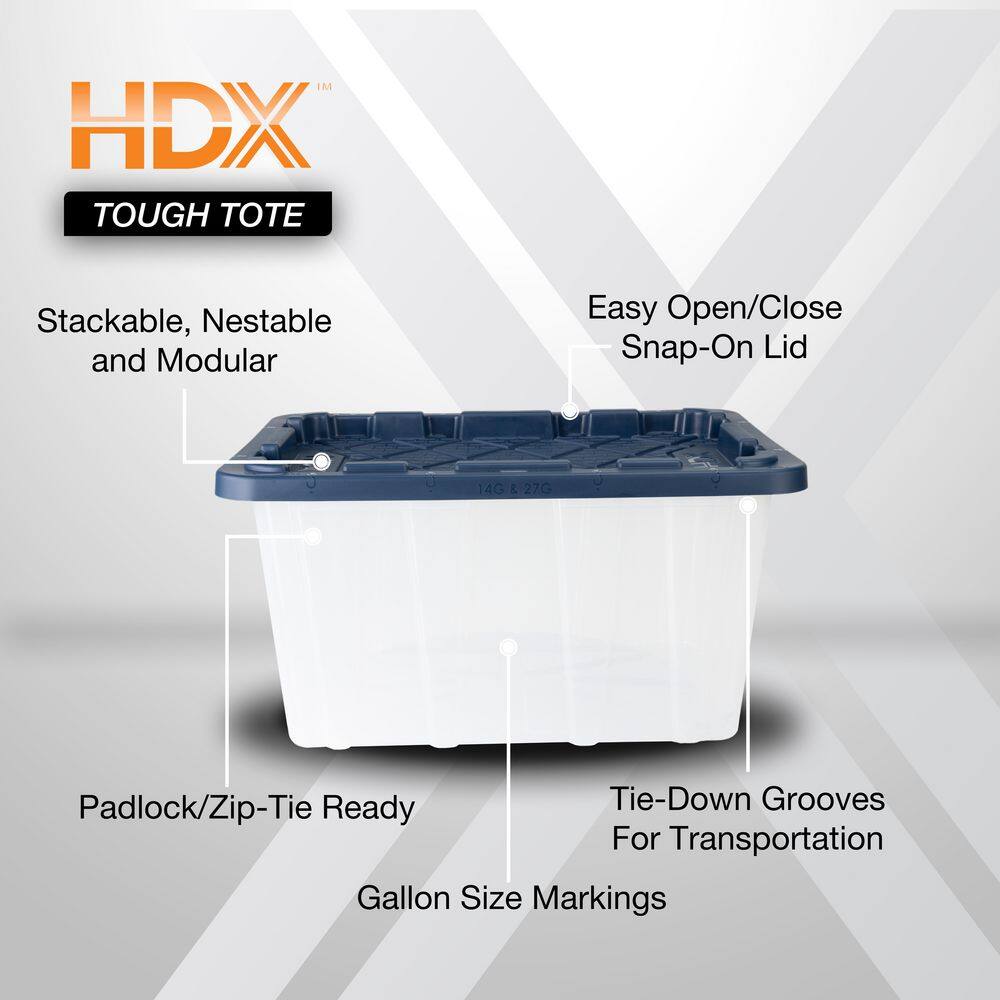 HDX 27 Gal. Tough Storage Tote in Clear with Moonlit Ocean Lid (4-Pack) 999-HDX-274122C