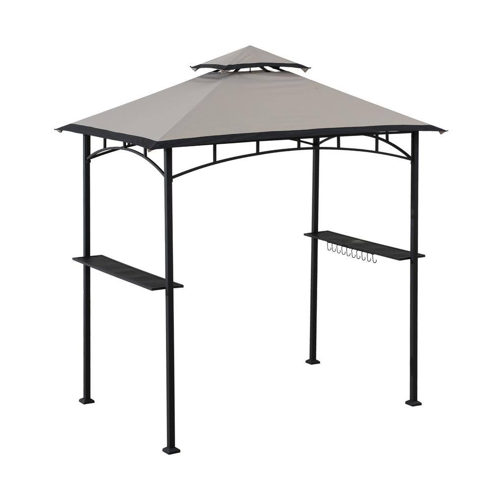 Sunjoy 5 ft. x 8 ft. 2-Tier Soft Top Gazebo Black Steel Grill Gazebo with Ceiling Hook and Shelves, Gray and Black Canopy A103002201