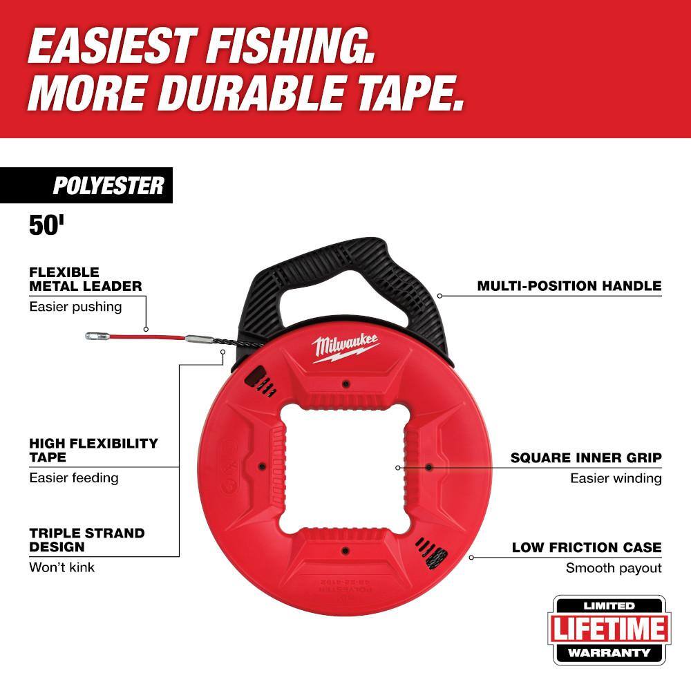 Milwaukee 50 ft. x 13 in. Polyester Fish Tape with Flexible Metal Leader and Rasping Jab Saw 48-22-4192-48-22-0104