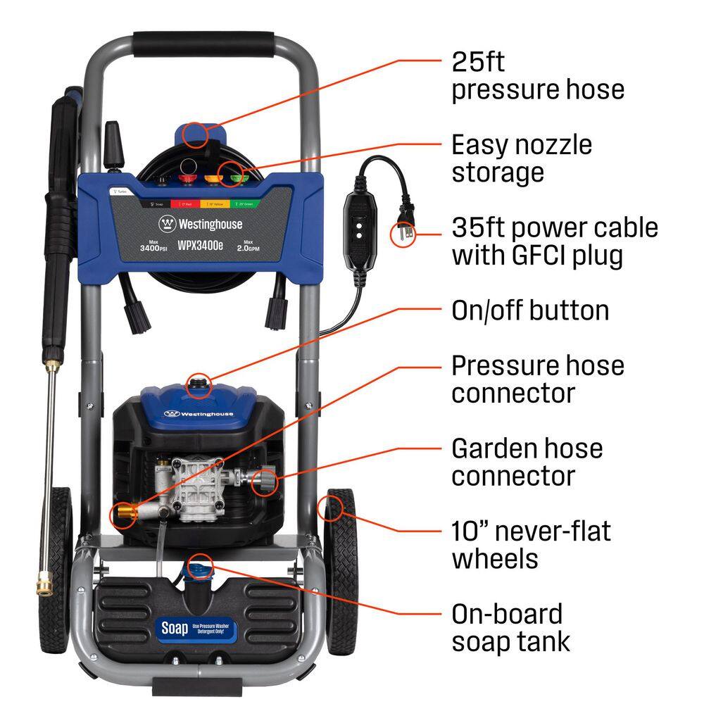 Westinghouse 3400 PSI 2 GPM 13 Amp Electric Powered Pressure Washer with Brushless Motor, Turbo Nozzle and 5 Quick Connect Tips WPX3400e