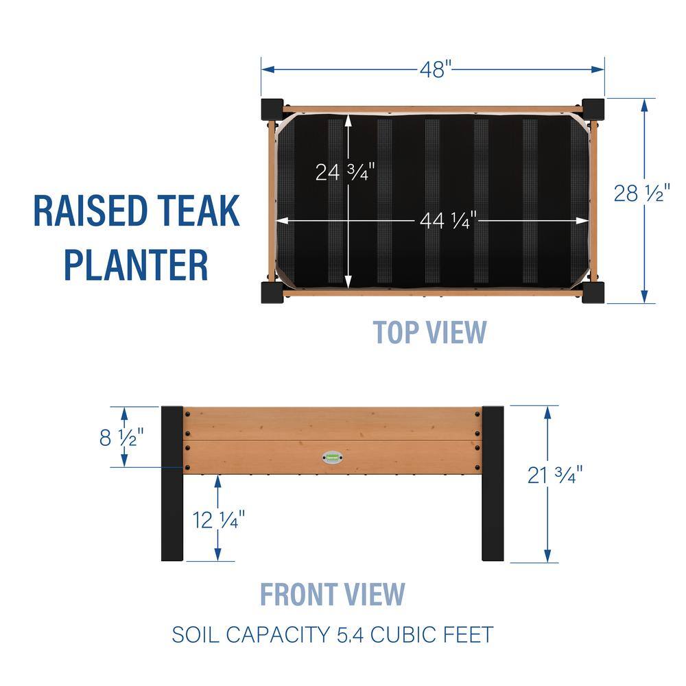 Backyard Discovery 44 in. x 25 in. Teak Wood Raised Garden Bed Planter w/Powder Coated Steel Accents and Mesh Liner for Balcony Porch Patio 2204058com