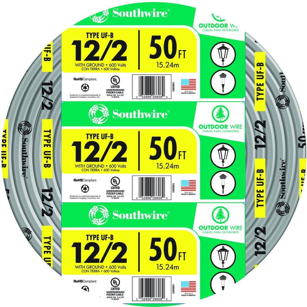 Southwire 50 ft. 12/2 Gray Solid CU UF-B W/G Wire 13055922