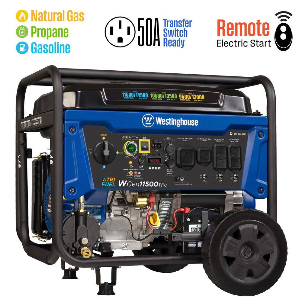 Westinghouse 14,500-Watt/11,500-Watt Remote Start Tri-Fuel Portable Generator with Transfer Switch Outlet, Remote Start and CO Sensor WGen11500TFc