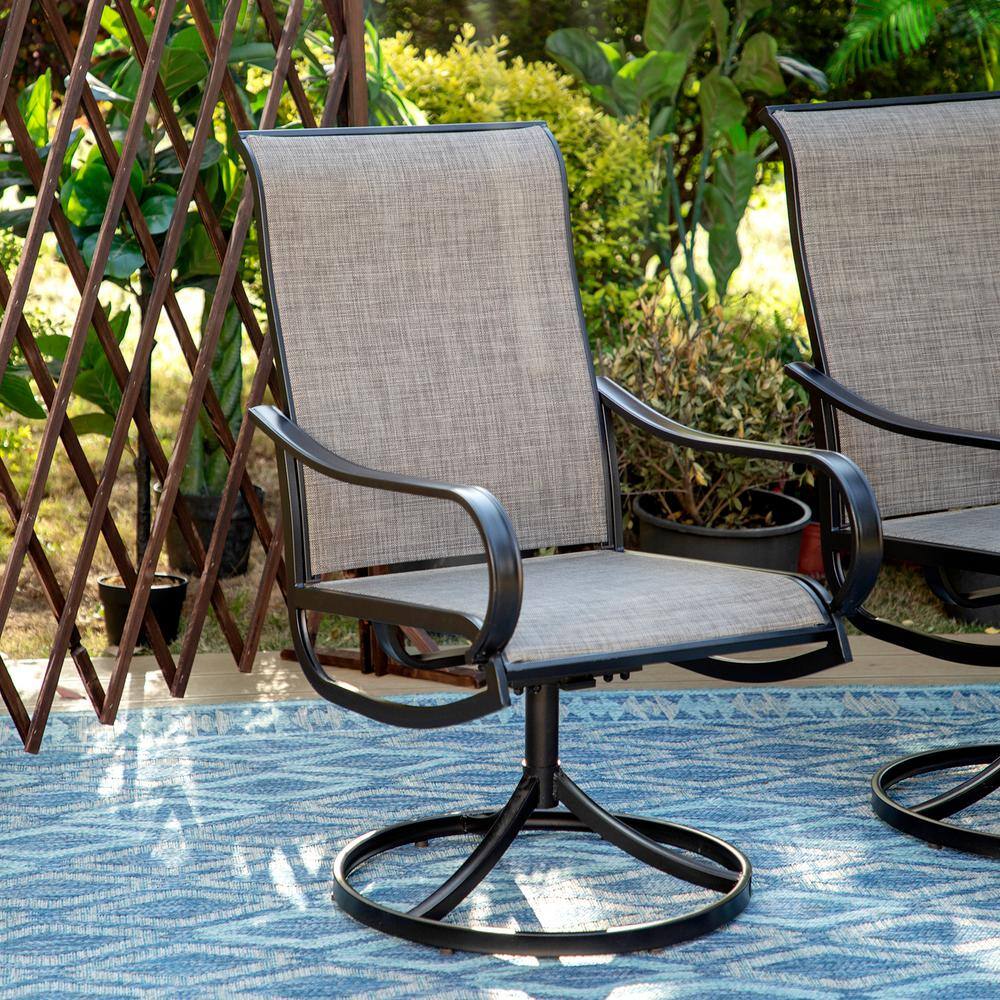 PHI VILLA Black 8-Piece Metal Rectangle Patio Outdoor Dining Set with Slat Table, Umbrella and Textilene Swivel Chairs THD8-0604-93BZ